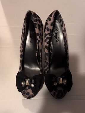 Candie's Gray Leopard-Print Heels with Black Bow and Crystal Accents
